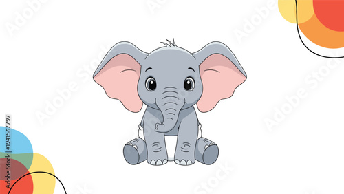 Adorable baby elephant sitting peacefully on a white background with colorful abstract shapes in the corners of the frame.