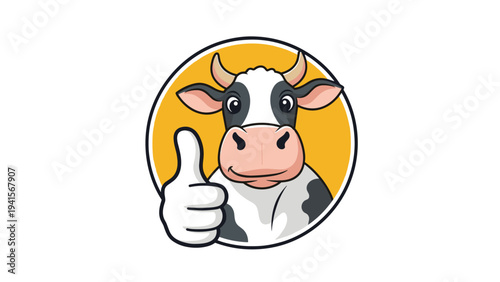 Happy dairy cow giving a thumbs up gesture inside a yellow circle, friendly farm animal mascot illustration for branding.