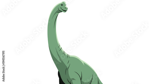 Large green brachiosaurus dinosaur with a long neck and tail, prehistoric animal illustration isolated on a white background.