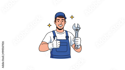 Cheerful repairman or plumber wearing blue overalls and a cap, holding a large wrench and giving a thumbs up of approval.