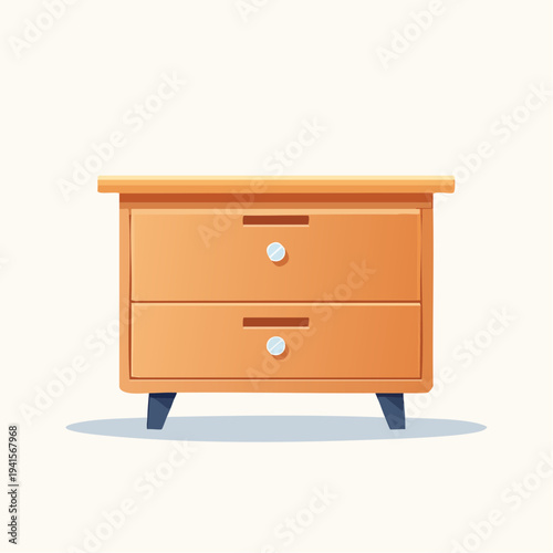 Modern wooden nightstand with two drawers and round handles on legs