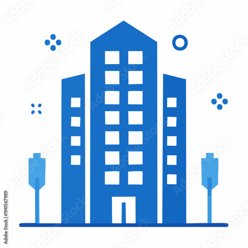 Tall blue building with windows and lights icon representing architecture
