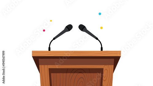 Wooden podium with two microphones on top against a white background with colorful dots, ready for a speech or presentation.
