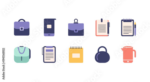 A collection of various flat design office and home accessories for everyday use, including briefcases, notebooks, and a kettle