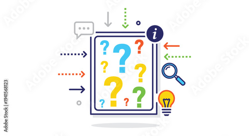 A colorful digital tablet displays multiple question marks surrounded by icons representing inquiry and problem solving silhouette high quality professional detailed modern