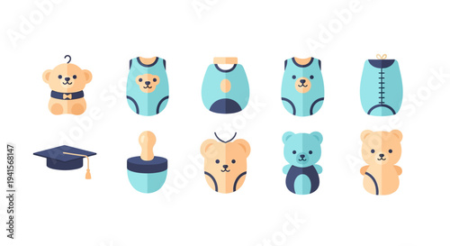 Modern flat icon set cute teddy bears and baby essentials, perfect for childhood themes, newborn care, and early development concepts
