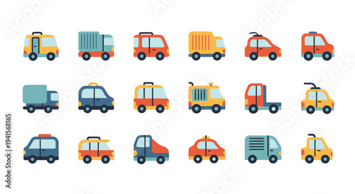 Collection of various types of colorful, flat design vehicles, including trucks, vans, and cars, suitable for transportation and travel themes