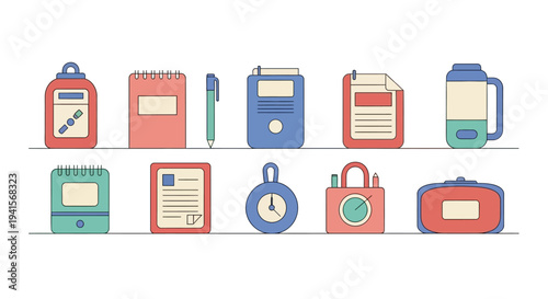 Collection of stationery and office supplies, including notebooks, pens, and document holders, presented in a flat design style