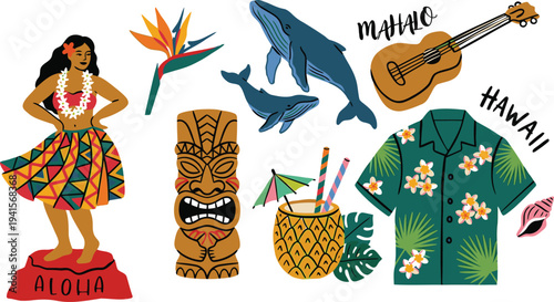 A vibrant collection of traditional Hawaiian cultural and travel elements captures the aloha spirit