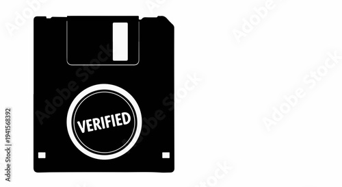 Retro floppy disk with a "Verified" stamp, symbolizing data security and old technology.
