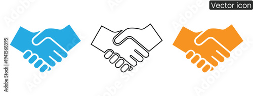 Handshake icons in blue, black, and orange for business partnerships and agreements