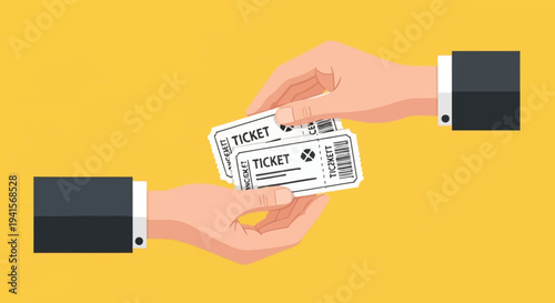 Two hands exchanging event tickets against a bright yellow background showcasing a modern stylistic silhouette high quality professional detailed elegant stylish