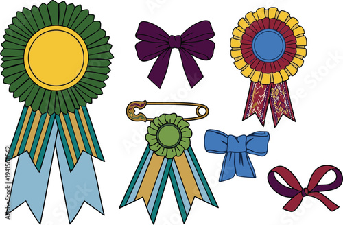A vibrant collection of decorative award ribbons rosettes and bows in various colors and designs