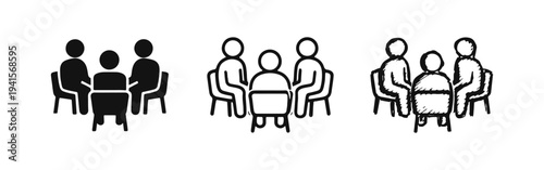 Business Meeting Discussion Icon Set. People Sitting Around a Table, Collaboration and Teamwork in Various Styles.