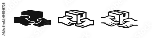 Hands Holding Package Icon Set. Delivery, Receiving or Giving a Box in Solid, Outline and Hand-Drawn Styles.