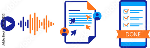 Illustration depicting the process of audio transcription, editing, and task completion on a mobile device, showcasing a digital workflow.