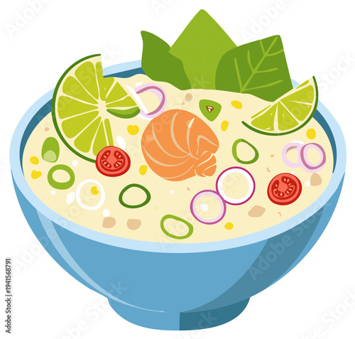 Vibrant Salmon and Vegetable Bowl with Fresh Lime and Red Onion Illustration
