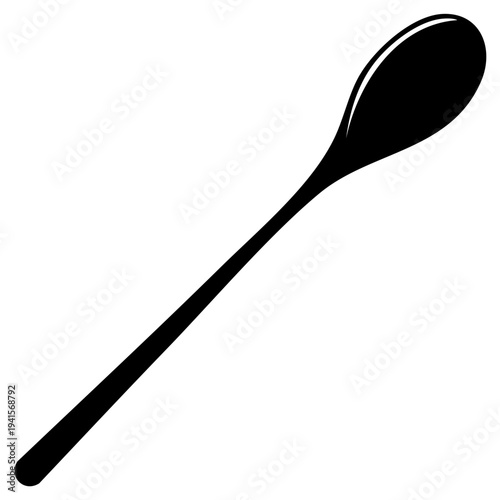 Elegant black stirring spoon minimalist icon, kitchen utensils, catering instrument for drinks and food preparation, flat vector design
