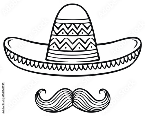 Outline of Sombrero Hat and Mustache Design for Cinco de Mayo Celebration