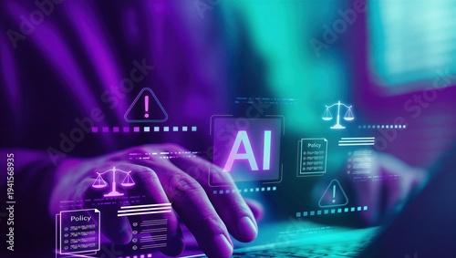 Artificial intelligence and law concept. Businessman working on laptop with icons of AI regulation, policy, ethics, and legal risk. Responsible AI technology and compliance standards.