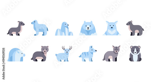Diverse collection of flat design animal icons cute cartoon arctic and forest mammals, ideal for winter graphics, children's books, and educational content