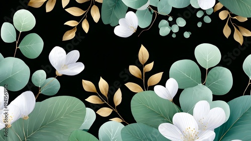 Elegant watercolor art featuring dark green eucalyptus foliage delicate white blossoms and shimmering gold accents on a deep black canvas perfect for decorative textile design