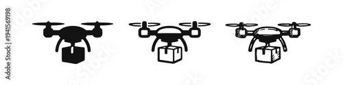 Drone Package Delivery Icon Set. Unmanned Aerial Vehicle Transporting a Box in Solid, Outline and Sketch Styles.