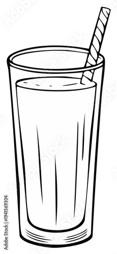Simple line drawing of a tall glass filled with a beverage and a striped straw
