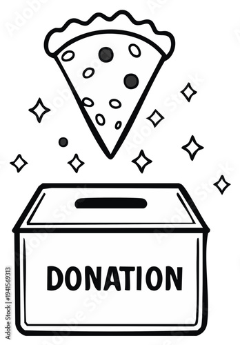 Vector illustration of a slice of pizza dropping into a donation box with sparkles