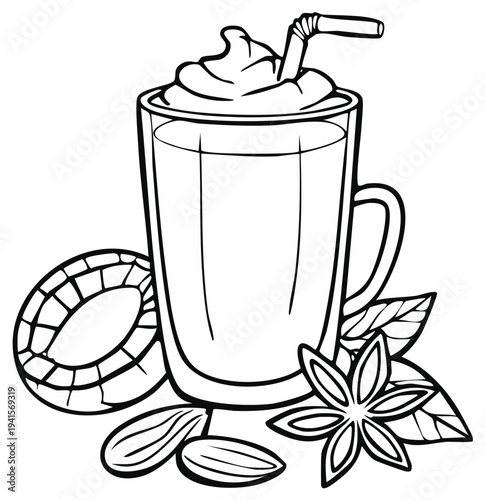 Iced coconut drink with whipped cream and straw in linear drawing style