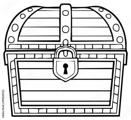 Antique Treasure Chest with Lock and Rivets, Vintage Wooden Container Outline Illustration