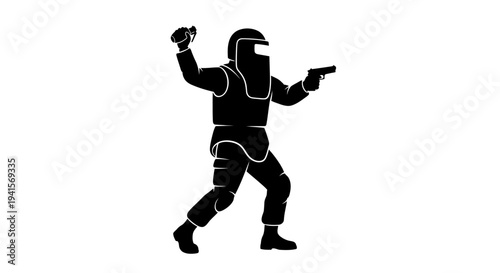 Riot police officer in protective gear throwing tear gas grenade, holding gun