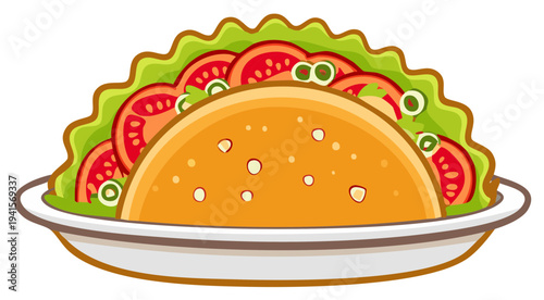 Delicious cartoon taco illustration with fresh lettuce and ripe tomatoes on a plate vibrant Mexican street food graphic design