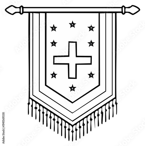 Hand drawn artistic banner with a central cross symbol and multiple stars decorative fringed pennant