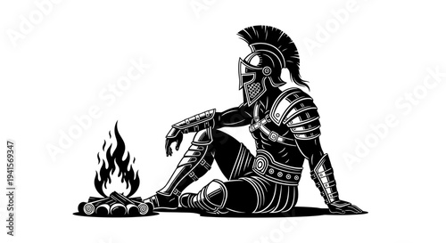 Roman Gladiator Resting by Campfire, Warrior Armor, Ancient Rome, Black and White Pixel Art
