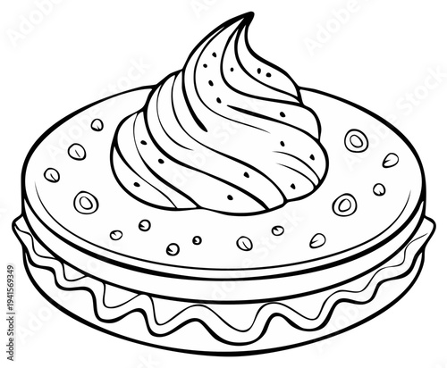 Illustration of a pastry with meringue cream decorated with dots in black and white