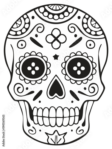Black and White Sugar Skull Illustration for Day of the Dead Celebration