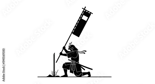Samurai Warrior Kneeling with Flag, Japanese Warrior Silhouette, Bushido Spirit