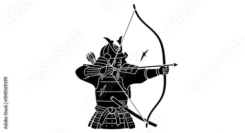 Samurai Archer Aiming Bow and Arrow, Traditional Japanese Warrior Silhouette