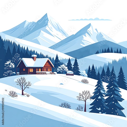 Winter mountain scene a cozy log cabin nestled amidst snowy hills, surrounded by pine trees under a pale blue sky