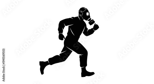 Silhouette of a person in a gas mask running, symbolizing danger, escape, or pandemic
