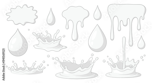 A collection of stylized liquid splashes and drips presented in a monochromatic gray palette a striking silhouette high quality professional detailed