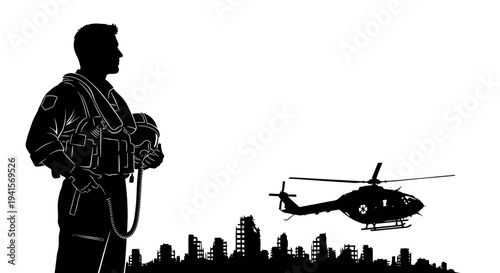Silhouette of a pilot standing in front of a helicopter and destroyed city skyline