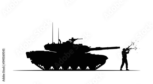 Silhouette of a soldier firing a rifle next to a military tank