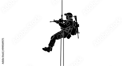 Silhouette of a soldier rappelling down a rope with a rifle, tactical gear, and backpack