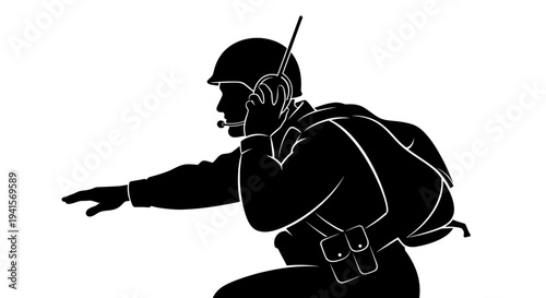Silhouette of a soldier with a backpack and radio, signaling with his hand