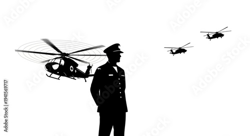 Silhouette of Officer Watching Helicopters Fly