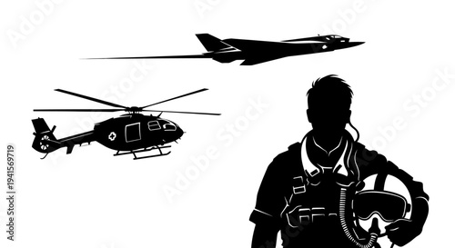 Silhouette of Pilot with Fighter Jet and Helicopter, Military Aviation Concept