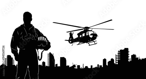 Silhouette of Pilot with Helicopter and Cityscape