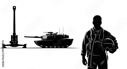 Silhouette of military tank, artillery gun, and pilot with helmet on white background